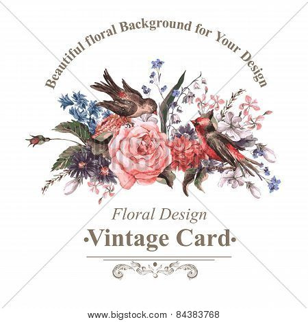 Vintage Greeting Card with Flowers and Birds.