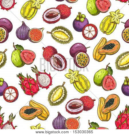 Exotic and tropical fruits pattern. Vector pattern of fresh and juicy ripe fruit icons dragon fruit, mangosteen, papaya, carambola, figs, guava, durian, lychee, passion fruit