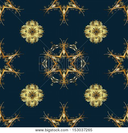 Elegant seamless pattern with floral and Mandala elements. Nice hand-drawn illustration. Dark blue background. Golden elements.