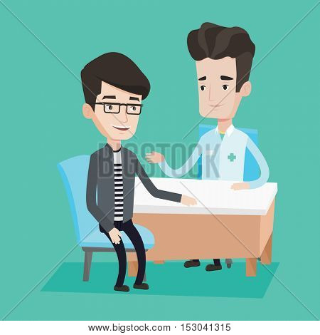 Caucasian doctor consulting male patient in office. Doctor talking to smiling male patient. Doctor communicating with patient about his state of health. Vector flat design illustration. Square layout.