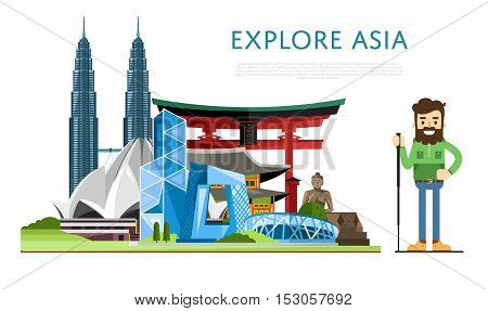 Welcome to Asia travel on the world concept traveling flat vector illustration. Worldwide traveling. Asia landmarks. Famous Asian buildings. Asian architecture in a cartoon style. Asia travel concept. World travel background. Travel asia banners. Time to 