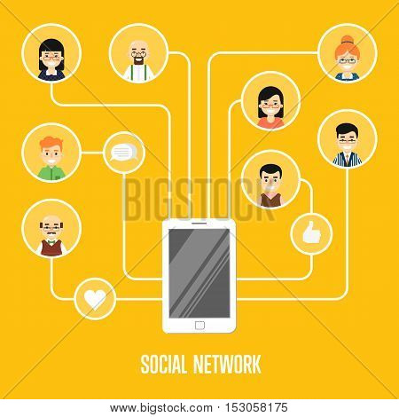 Social media network infographics with people and their social network. Community of social network people vector. Social media people. Social networking concept. Social media and social network people connecting. Social network map. Social network.