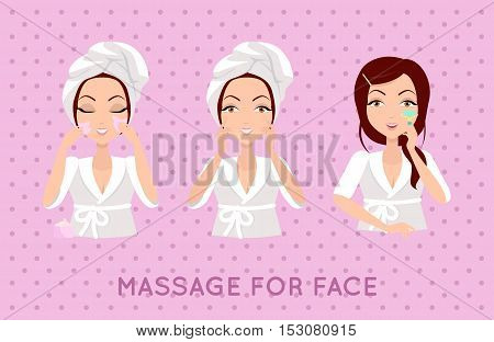 Massage for face set. Set of beautiful, elegant woman head massaging her face. SPA, health and beauty set. Set of face skin care with home remedies. Skin care. Girl in white bathrobe and towel on head