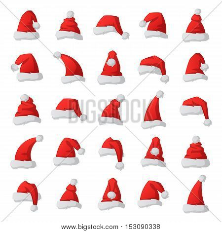 Just red christmas santa hat at white background. Cold x-mas symbol fluffy santa christmas hat. Winter white fluffy fur holiday santa christmas hat traditional snow fuzzy accessory.