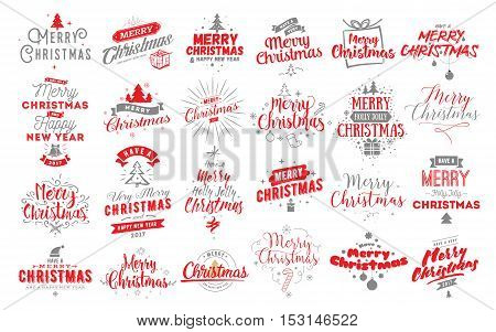 Merry Christmas and Happy New Year 2017 typographic emblems set. Vector logo, red text design. Usable for banners, greeting cards, gifts etc.