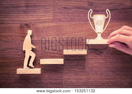 Personal development, personal and career growth, progress and potential concepts. Coach (human resources officer, manager, mentor) motivate employee to growth with cup.