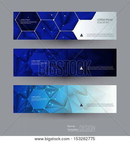 Vector abstract banners set with polygonal Triangle pattern shape and molecule structure. Low poly banner with connecting dots and lines. Polygon vector background for web banner template or brochure