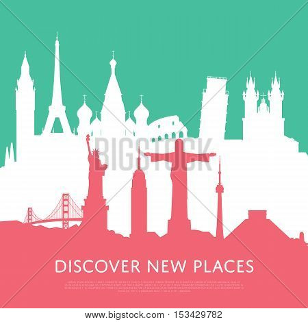 orld travel and tourism concept flat vector. Famous world buildings. World travel landmark and famous travel place. Vacation travel architecture in cartoon style. World travel background. Travel banners. Travel background for traveling agency. Travel.