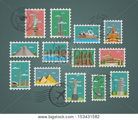 World travel and tourism concept flat vector. Famous world buildings. World travel landmark and famous travel place. Stamp travel collection. Landmarks icon. Oriental landmarks and European landmarks. Vacation travel architecture in cartoon style.