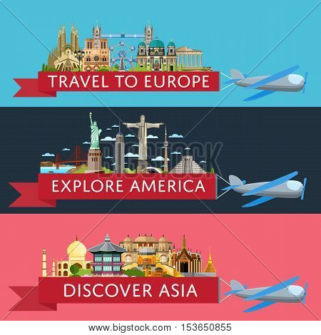 World travel and tourism concept flat vector. Famous world buildings. World travel landmark and famous travel place. Vacation travel architecture in cartoon style. World travel background. Travel banners. Travel background for traveling agency. Travel.