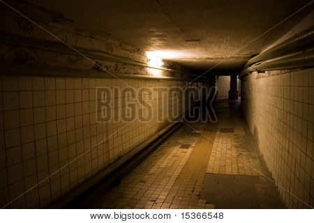 Dark deserted underground tunnel with only one light.