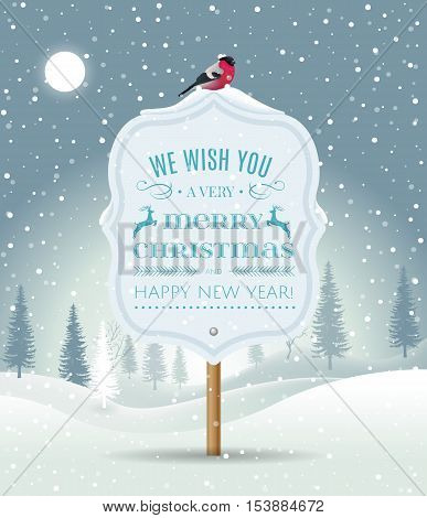 Wooden Sign Board With Christmas Greeting On Winter Landscape With Snow-covered Forest And Bullfinch