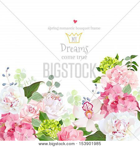 Pink and green hydrangea rose white peony orchid carnation vector design card. Botanical style frame with mixed flowers on white. Elegant floral background. All elements are isolated and editable.