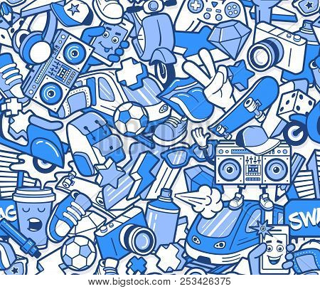 Graffiti Seamless Pattern With Urban Lifestyle Line Icons. Crazy Doodle Abstract Vector Background. 