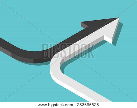 Isometric Arrow Formed By Two Merging Black And White Lines On Turquoise Blue. Partnership, Merger, 