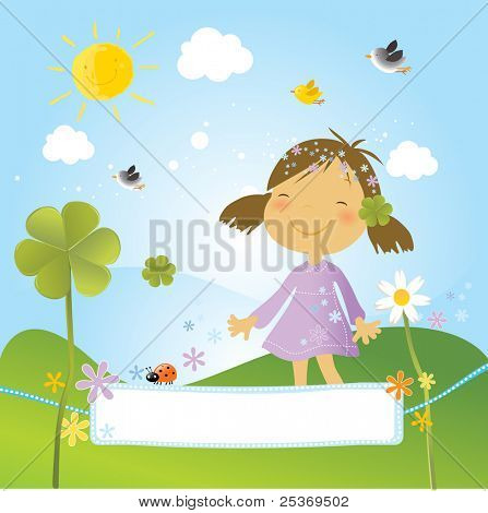 Happy girl dans le parc avec des trèfles, des fleurs et des oiseaux dans un jour de printemps. Joli banner pour votre texte.