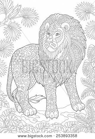 Coloring Page. Coloring Book. Colouring Picture With Lion. Antistress Freehand Sketch Drawing With D