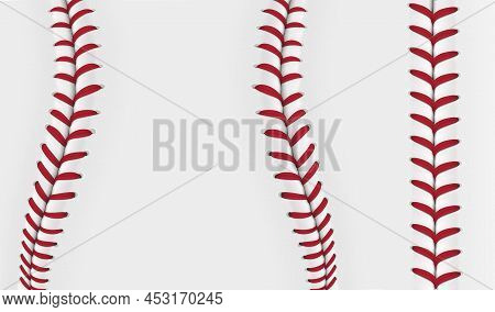 Baseball Lace Pattern, Baseball Ball Stitch Pattern. Vector 3d Red Wavy And Straight Laces Or Thread