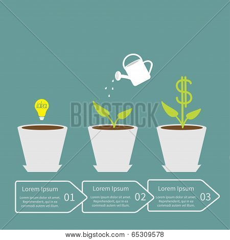 Idea bulb seed, watering can, dollar plant in pot.