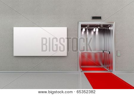 Open elevator in business lobby with a red carpet. The billboard next to the elevator is blank for your custom message.