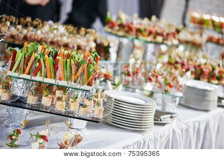 catering services background with snacks on guests table in restaurant at event party