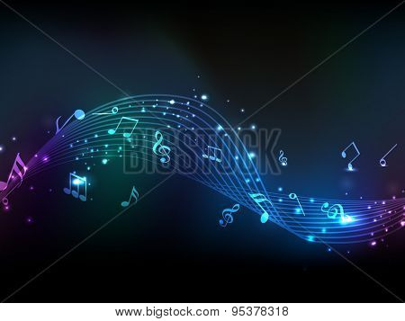 Shiny musical wave with notes on stylish background.