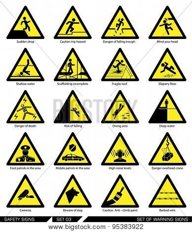 Set of safety signs. Caution signs. Collection of warning signs. Vector illustration. Signs of danger. Signs of alerts.