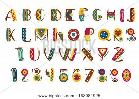 Primitive mexican font. Tribal indian or african letter numbers vector illustration. Ethnic abc tribal and number