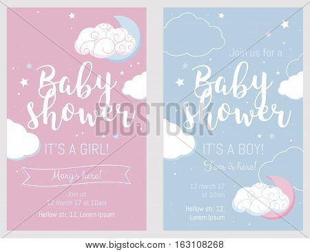 Baby shower set. Cute invitation cards design for baby shower party. Template design for girl and boy