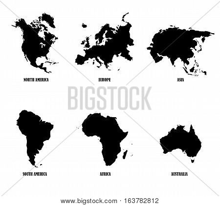 Continents vector map: North America, South America, Europe, Asia, Africa, Australia