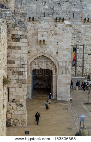 JERUSALEM ISRAEL - DECEMBER 8: View of the Jaffa Gate from wall of the Old City in Jerusalem Israel on December 8 2016