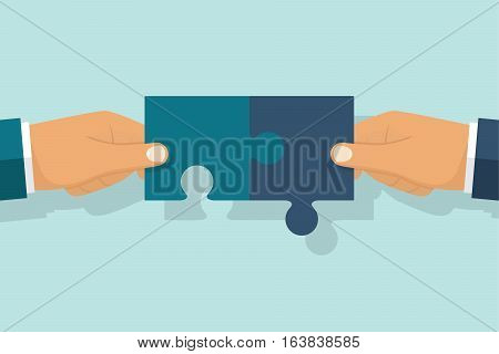 Teamwork concept. Puzzle holding in hands businessman connecting. Vector illustration flat style design. Cooperation, partnership. Combining two pieces. Symbol of working together. Business metaphor.