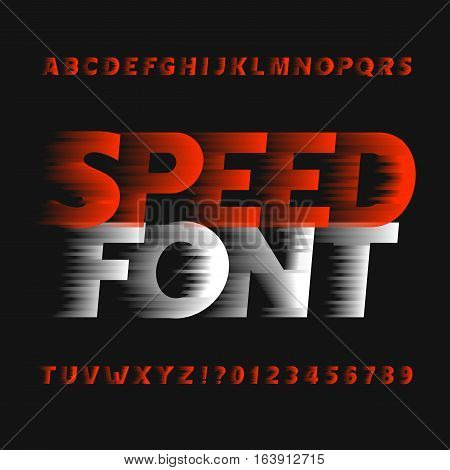 Speed alphabet font. Wind effect type letters and numbers on a dark background. Vector typeface for your design.