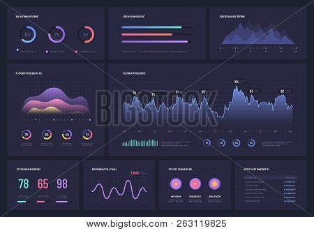 Infographics On Dark. Multipurpose Economic Charts Marketing Graphs, Pie Charts, Bar Chart And Flowc