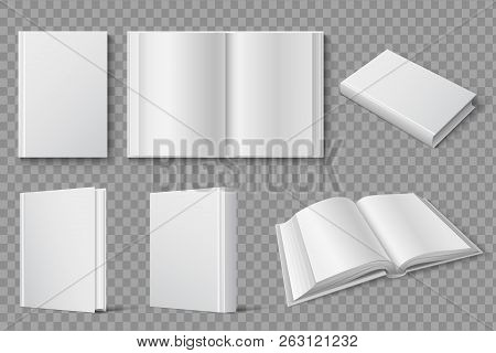 Book Mockup. Blank White Closed And Open Books. Textbooks And Brochures Isolated Vector Template. Co