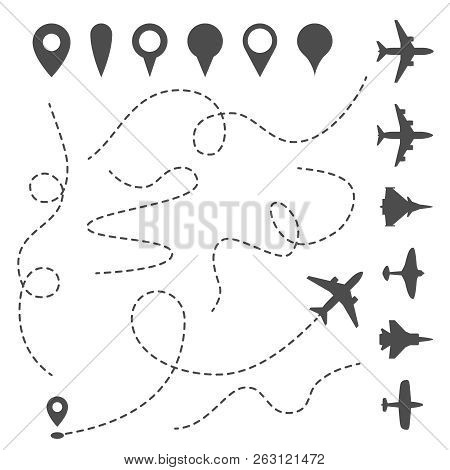 Plane Line Path. Airplane Directional Pathway, Map Dotted Trail And Fly Direction. Aircrafts And Pin