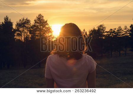 Woman In Nature In Sunset. People In Nature.beautiful Woman In Meadow Summer. Beautiful People. Happ