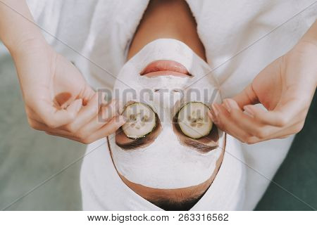 Spa Day In Beauty Salon. Towel On Head. Beauty Mask. Mother In Spa. Consept Beauty Salon. Beautiful 