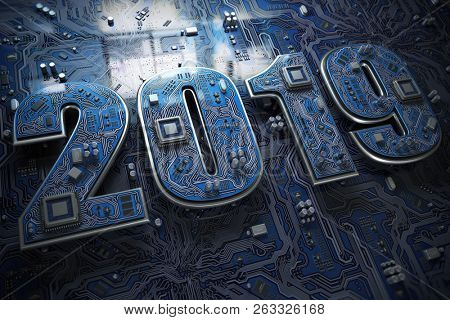 2019 on circuit board or motherboard with cpu. Computer technology and internet commucations digital concept. Happy new 2019 year. 3d illustration