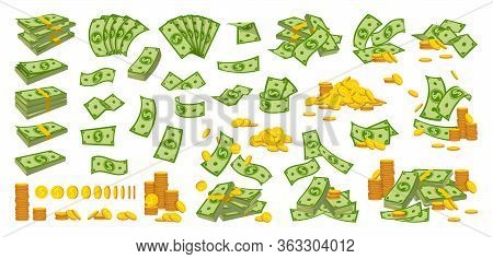 Money Pile Coin Stack Flat Cartoon Set. Gold Coins Heap, Bank Currency Sign Falling. Hundreds Dollar