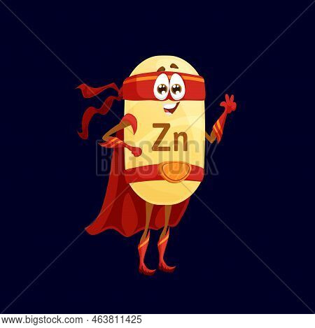 Cartoon Zinc Or Zincum Superhero Character. Isolated Vector Funny Zn Nutrient Defender Fairytale Per