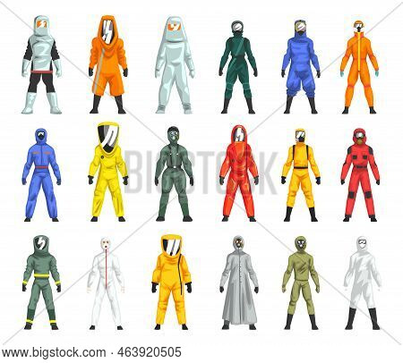 Man In Hazmat Suit As Personal Protective Equipment With Impermeable Garment Big Vector Set