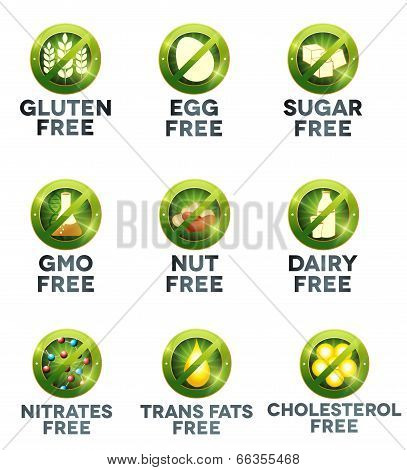 Food Diet Icon Collection Set, Human Health Care Diets Such As Gluten Free, Sugar Free, Nut Free Etc