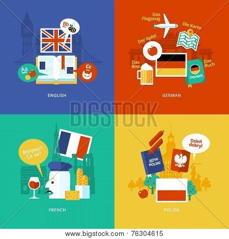 Set of flat design concept icons for foreign languages. Icons for english, german, french and polish