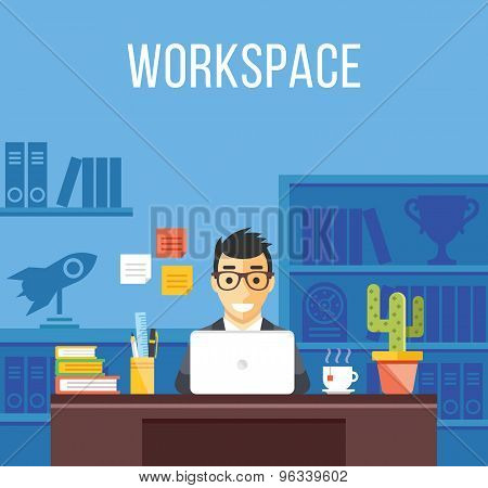 Man at work. Man in suit in office room. Creative flat design interior, workplace, workspace concept