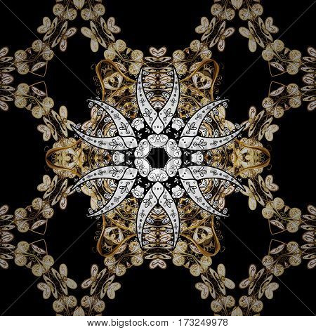 Seamless Vintage Pattern On Black Background With Golden Elements.