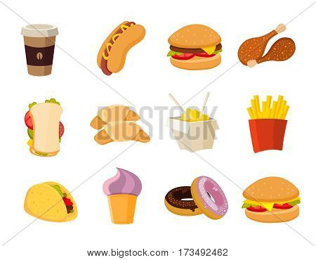 Vector cartoon fast food collection. Menu with fast food hot dog and hamburger, illustration of tasty fast food