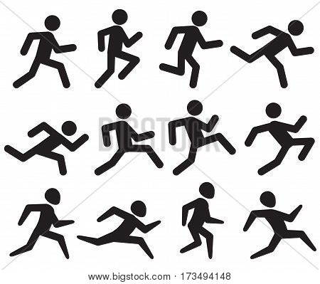 Man running figure black pictograms, jogging activity vector icons isolated on white. Sprinter man, illustration silhouette man run