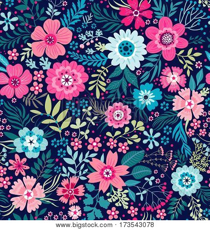 Floral pattern. Pretty flowers on dark blue backgroung. Printing with Small-scale colorful flowers. Ditsy print. Seamless vector texture. Spring bouquet.