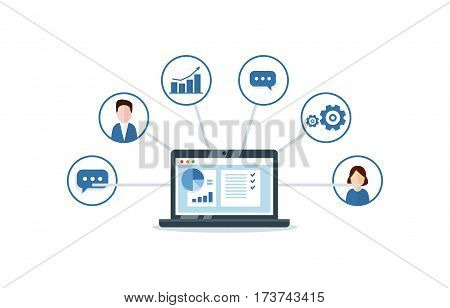 CRM concept design with vector elements. Flat icons of accounting system, clients, support, deal. Organization of data on work with clients, Customer Relationship Management.